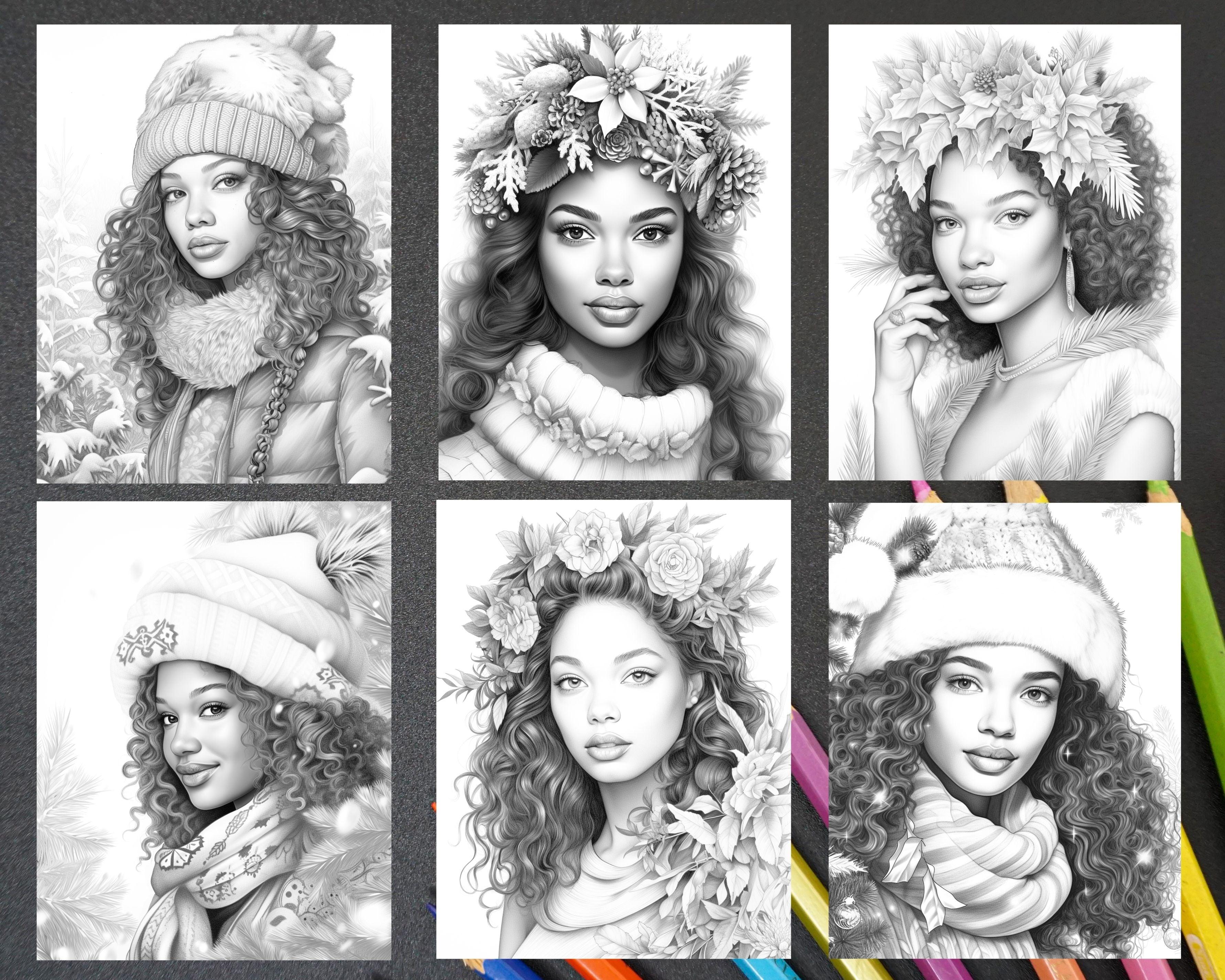 50 Christmas Black Beauties Portrait Grayscale Coloring Pages for Adul ...