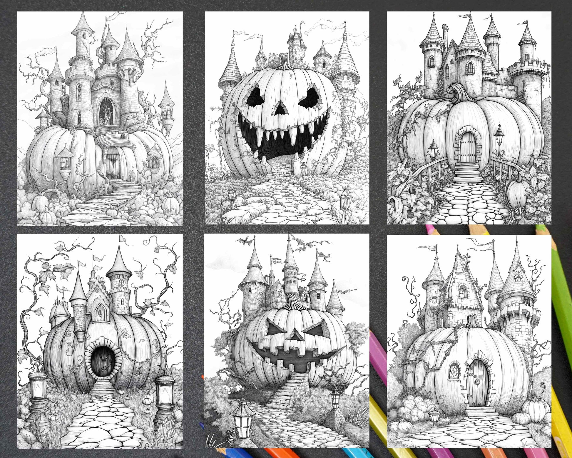 Fantasy Giant Pumpkin Castles Adult Coloring Pages Printable PDF Instant Download - RASPIEE