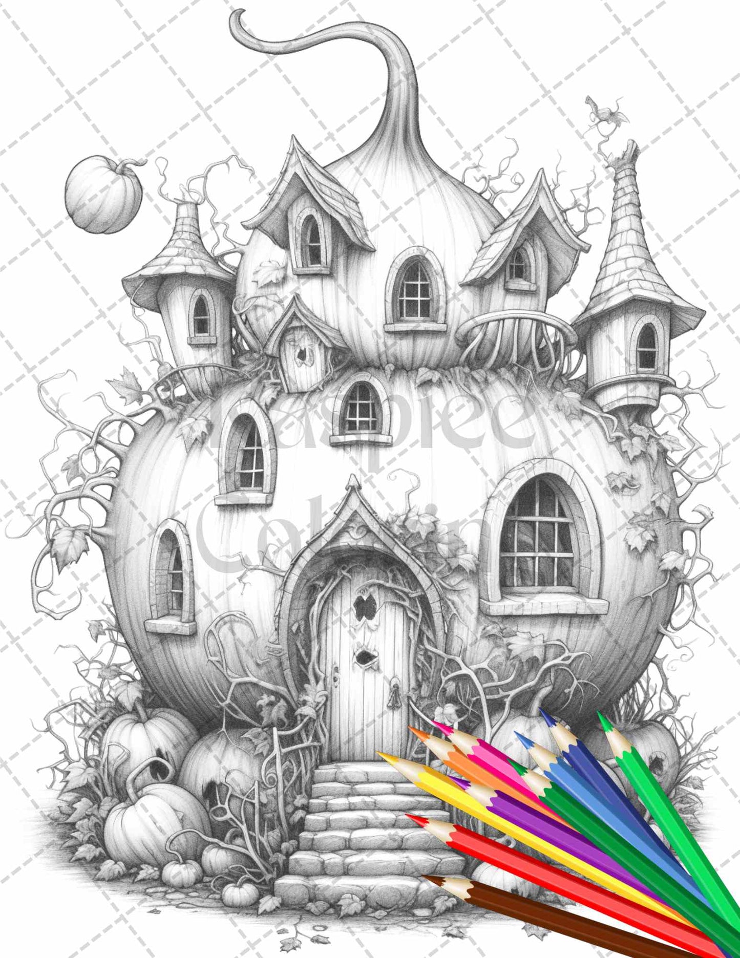 Pumpkin Fairy Houses Grayscale Coloring Pages Printable, Adult Coloring Book Autumn Theme, Halloween Coloring Sheets for Adults