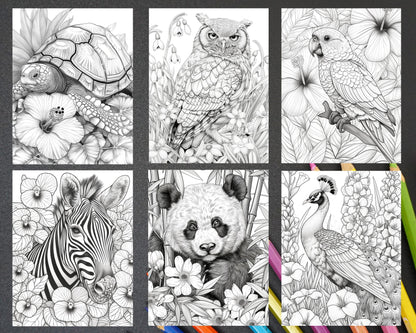 75 Animals in Flowers Grayscale Adult Coloring Pages Printable PDF Instant Download - RASPIEE