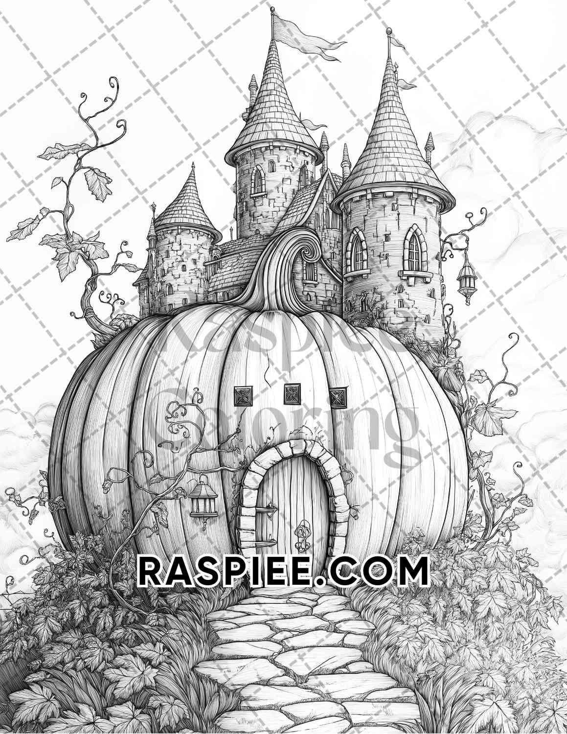 Fantasy Giant Pumpkin Castles Adult Coloring Pages Printable PDF Instant Download - RASPIEE