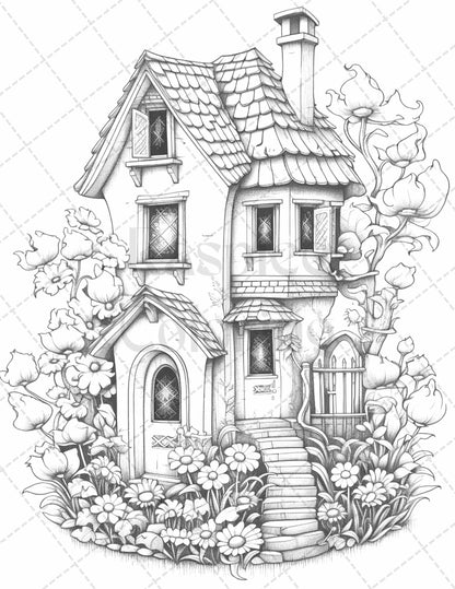 grayscale coloring pages, flower houses, printable for adults, adult coloring, floral coloring, stress relief, art therapy, home decor, wall art