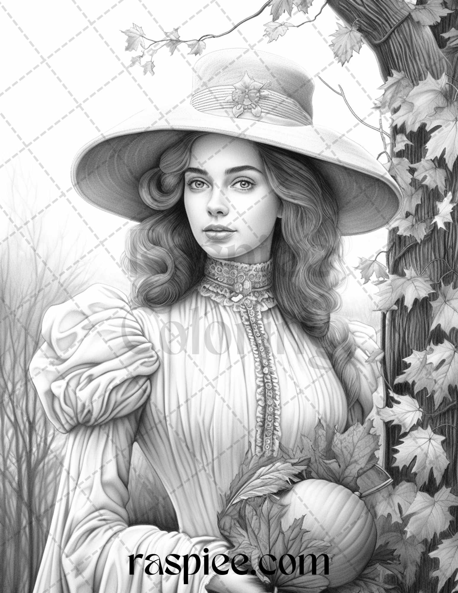 60 Victorian Autumn Portrait Grayscale Coloring Pages Printable for Ad