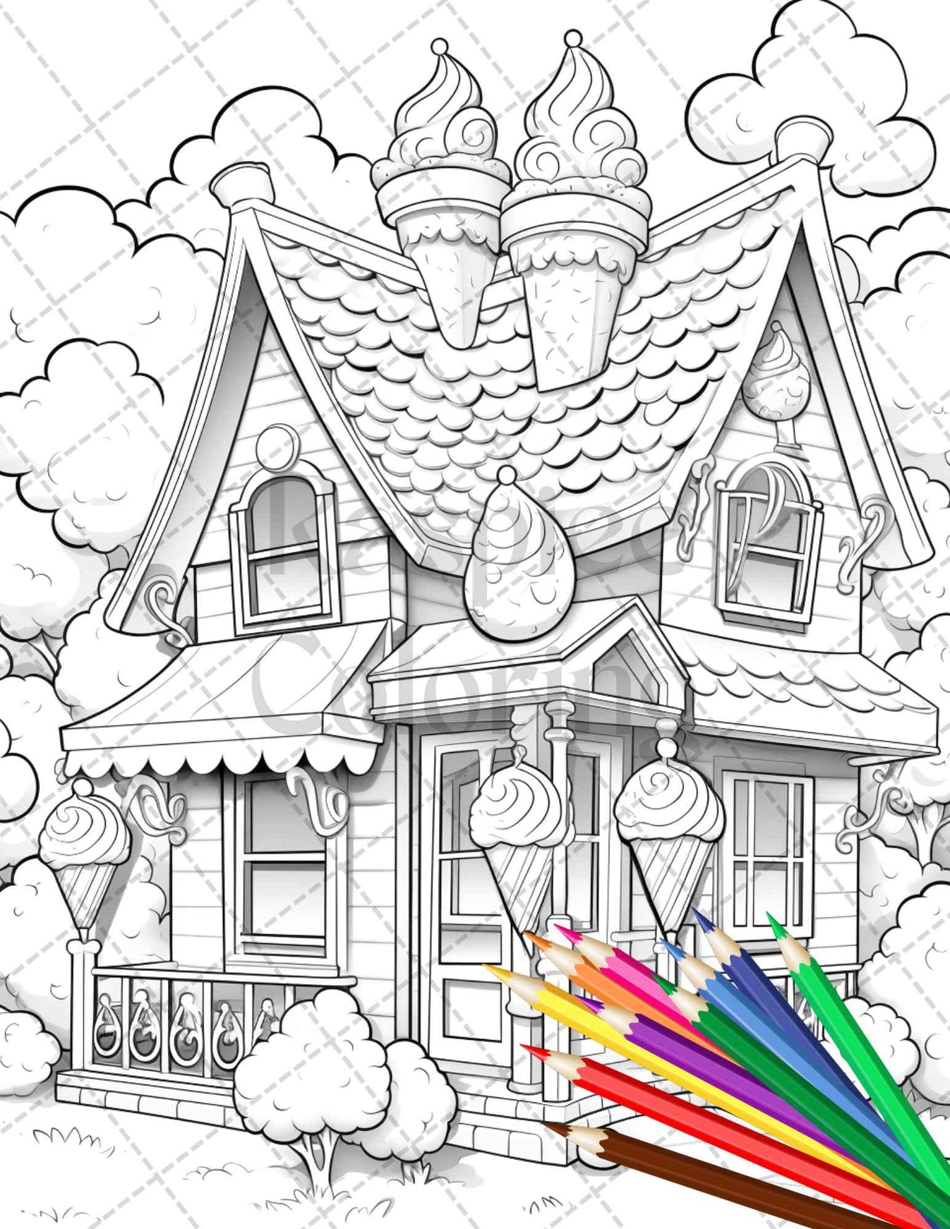 33 Ice Cream Houses Grayscale Coloring Pages Printable for Adults and