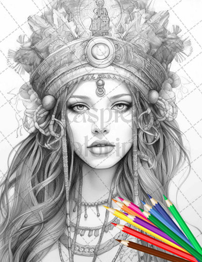 beautiful hippie girls grayscale coloring page, printable adult coloring page, mindfulness coloring art for adults, boho style grayscale illustration, detailed black and white female portrait, vintage bohemian coloring design, meditation and relaxation coloring sheet, intricate floral grayscale art, mandala coloring page for spiritual practice, hippie fashion-inspired coloring image