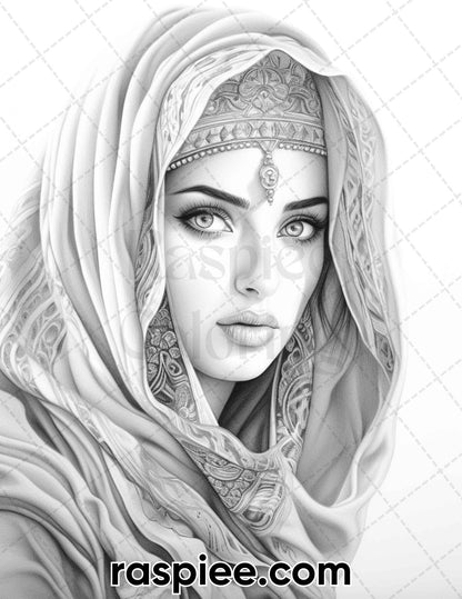 Arabian Woman Grayscale Coloring Page, Portrait Coloring Pages, Grayscale Portrait Coloring Adult, Mindfulness Arabian Coloring Activity, Relaxing Grayscale Coloring Adults, Portrait Coloring Book Printable