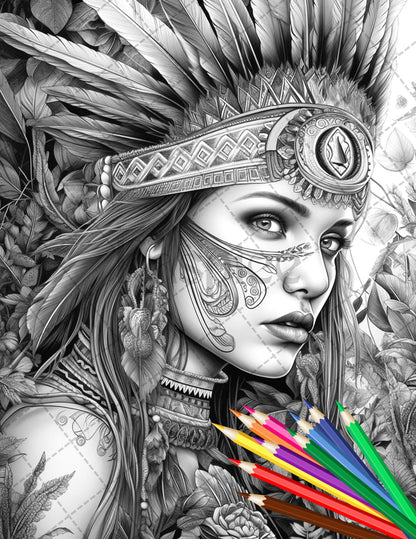 30 Native American Girls Printable Coloring Pages for Adult, Native American Culture Grayscale Coloring Book, Printable PDF File Download - raspiee