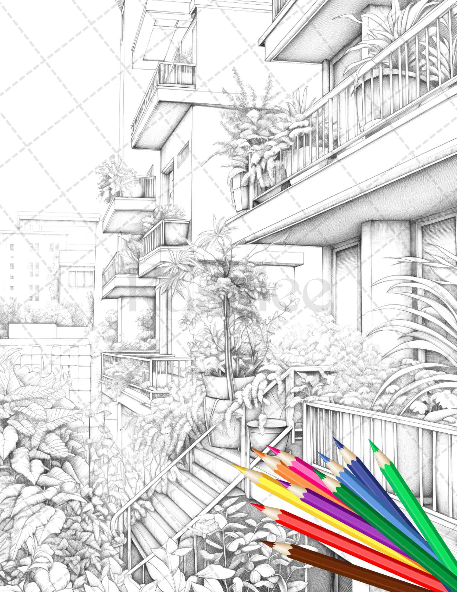 Charming Balcony Garden Grayscale Coloring Pages Printable for Adults, PDF File Instant Download - raspiee
