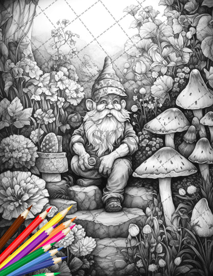 30 Enchanted Gnome Coloring Pages Printable for Adults, Grayscale Coloring Book, Gnome Coloring Sheets for for Relaxation and Stress Relief - raspiee