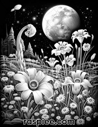 50 Flowers Under Moonlight Grayscale Coloring Pages for Adults, Printa ...