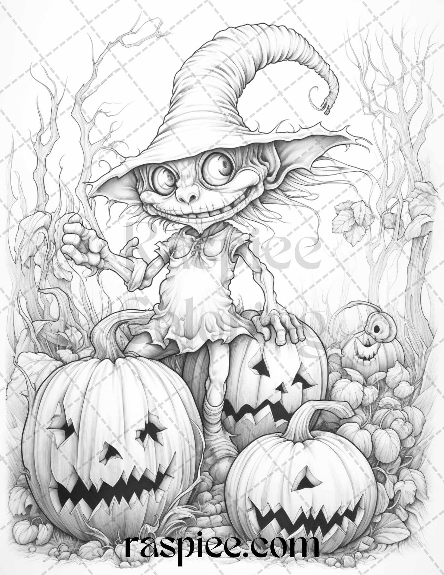 50 Halloween Goblin Grayscale Coloring Pages Printable for Adults, PDF File Instant Download