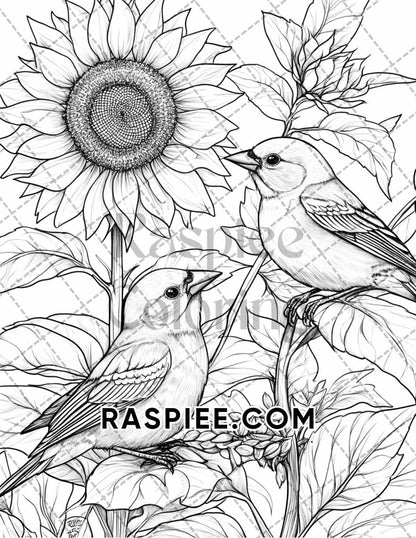 Flowers and Birds Adult Coloring Pages Printable PDF Instant Download - RASPIEE