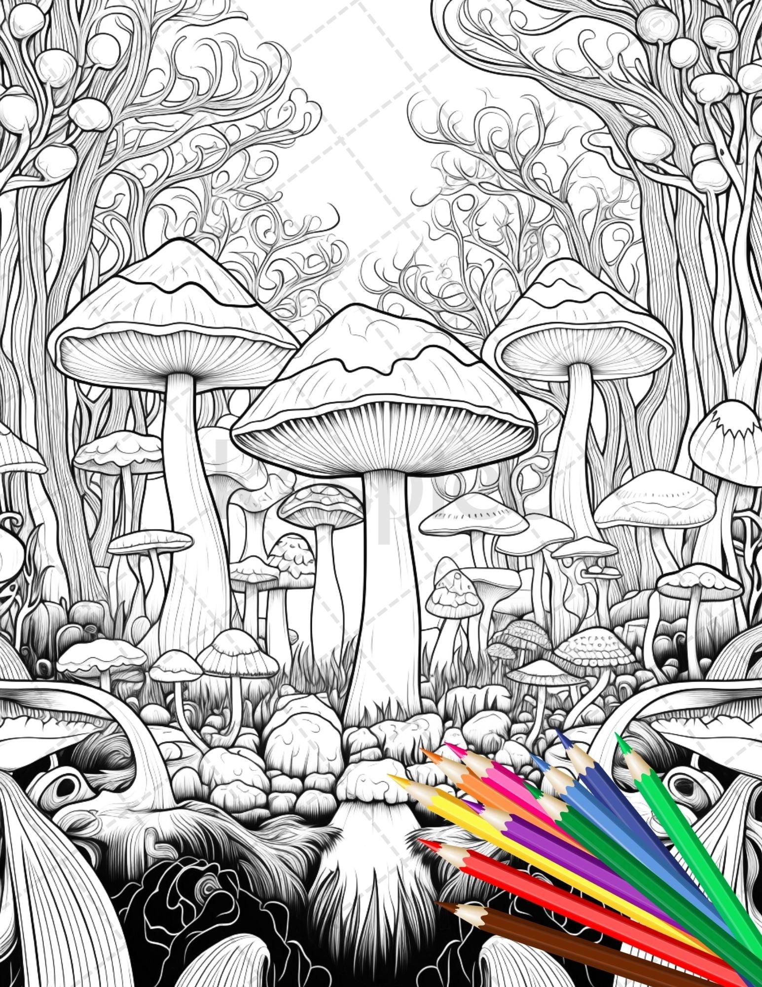 30 9ab5a6f0 d284 45f6 ae00 c8b092fa47b2 psychedelic mushroom forest coloring book printable for adults