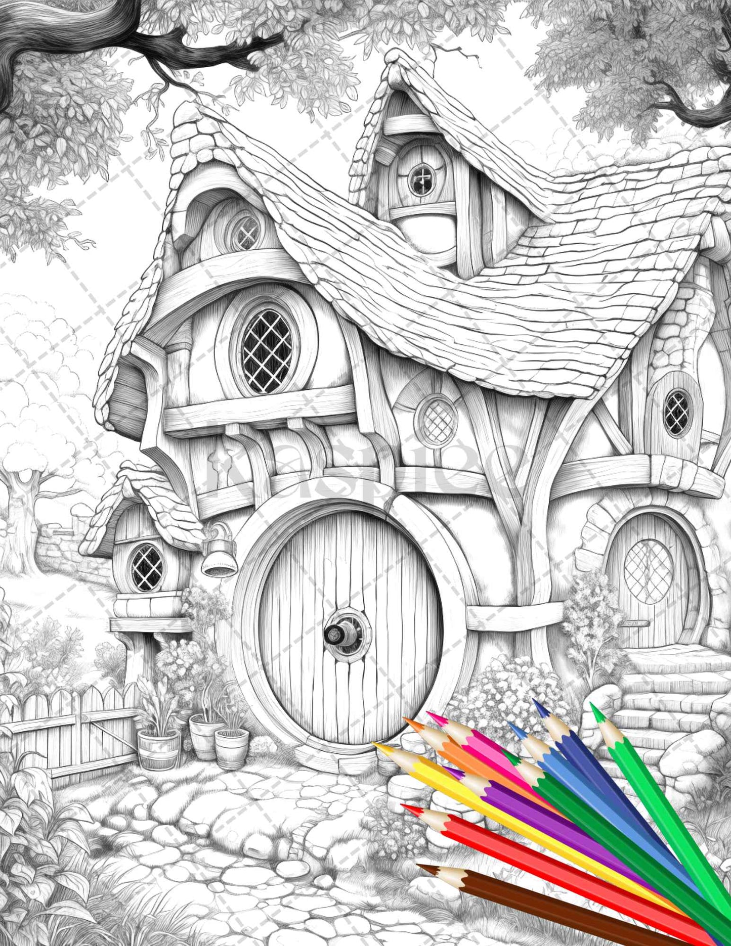 43 Enchanted Hobbiton Houses Grayscale Coloring Pages Printable for Adults, PDF File Instant Download - raspiee