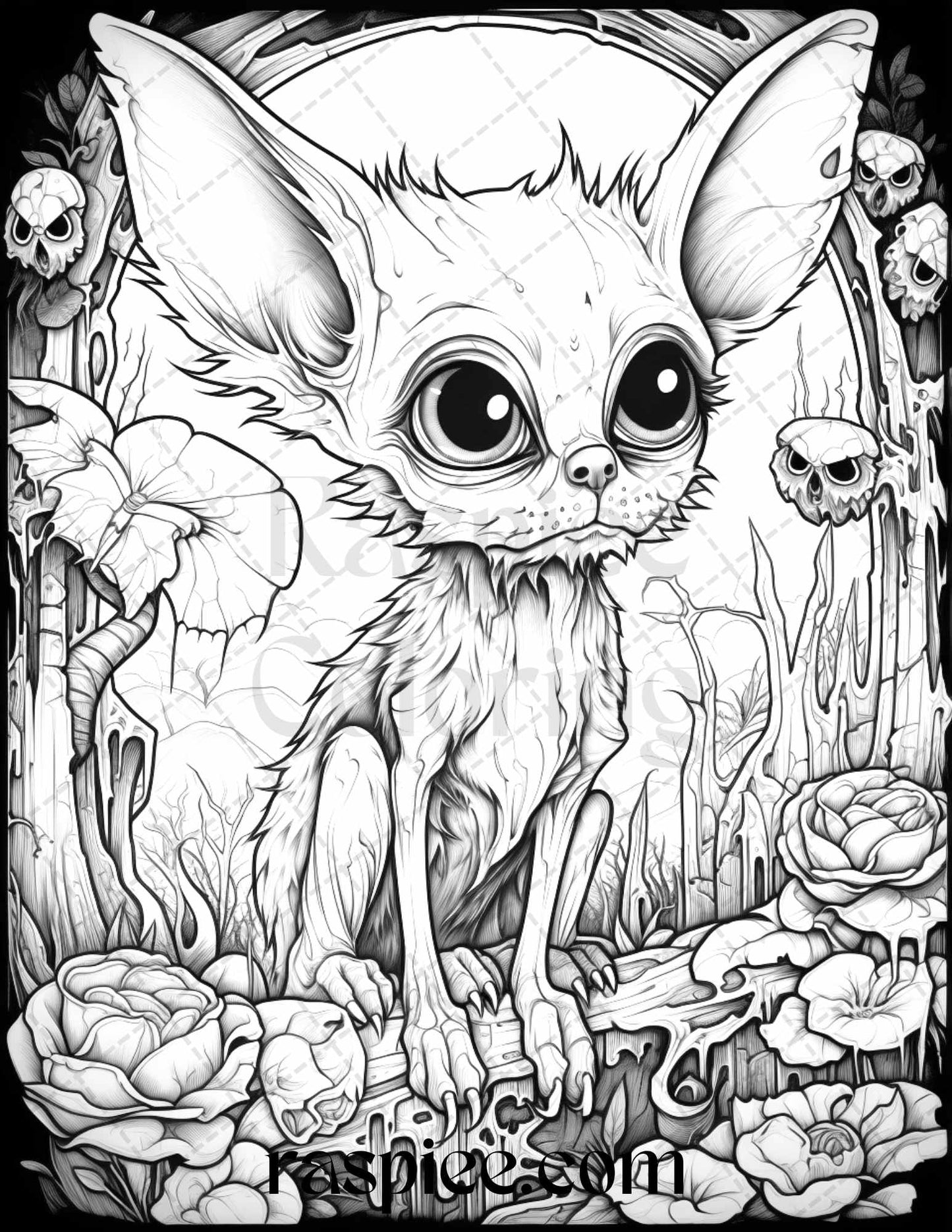 50 Halloween Scary Animals Grayscale Coloring Pages Printable for Adults, PDF File Instant Download - Raspiee Coloring