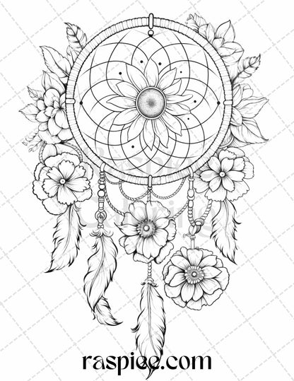 30 Flower Dreamcatcher Grayscale Coloring Pages Printable for Adults, PDF File Instant Download - raspiee