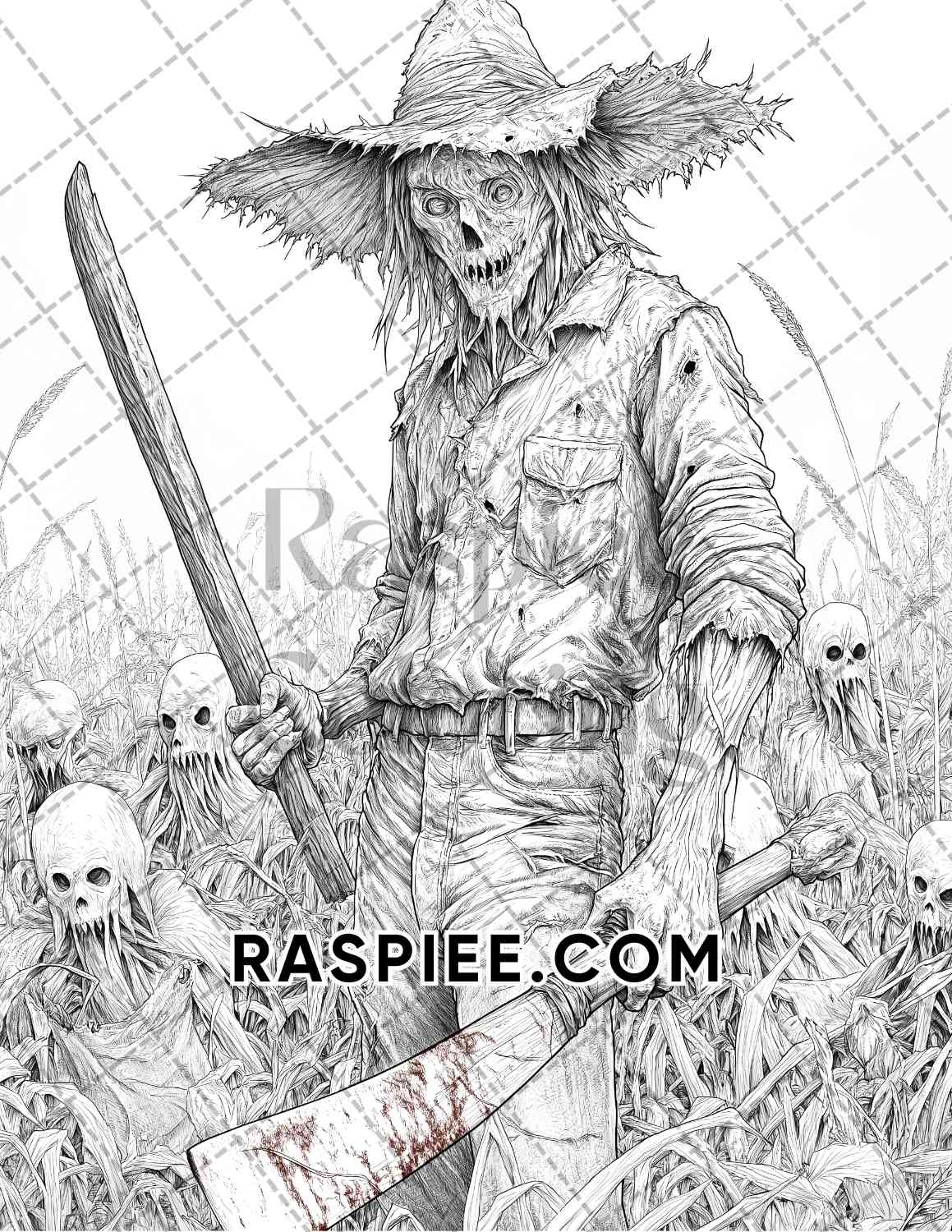 Horror Scarecrow Halloween Adult Coloring Pages Printable PDF Instant Download