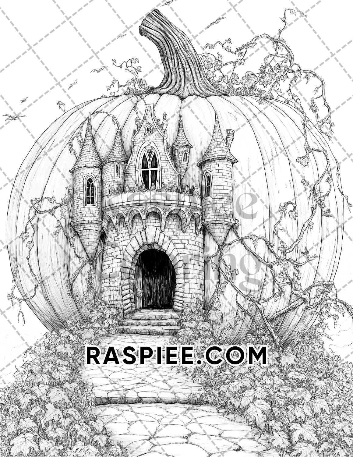 Fantasy Giant Pumpkin Castles Adult Coloring Pages Printable PDF Instant Download - RASPIEE