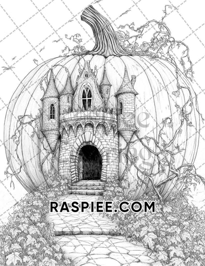 Fantasy Giant Pumpkin Castles Adult Coloring Pages Printable PDF Instant Download - RASPIEE