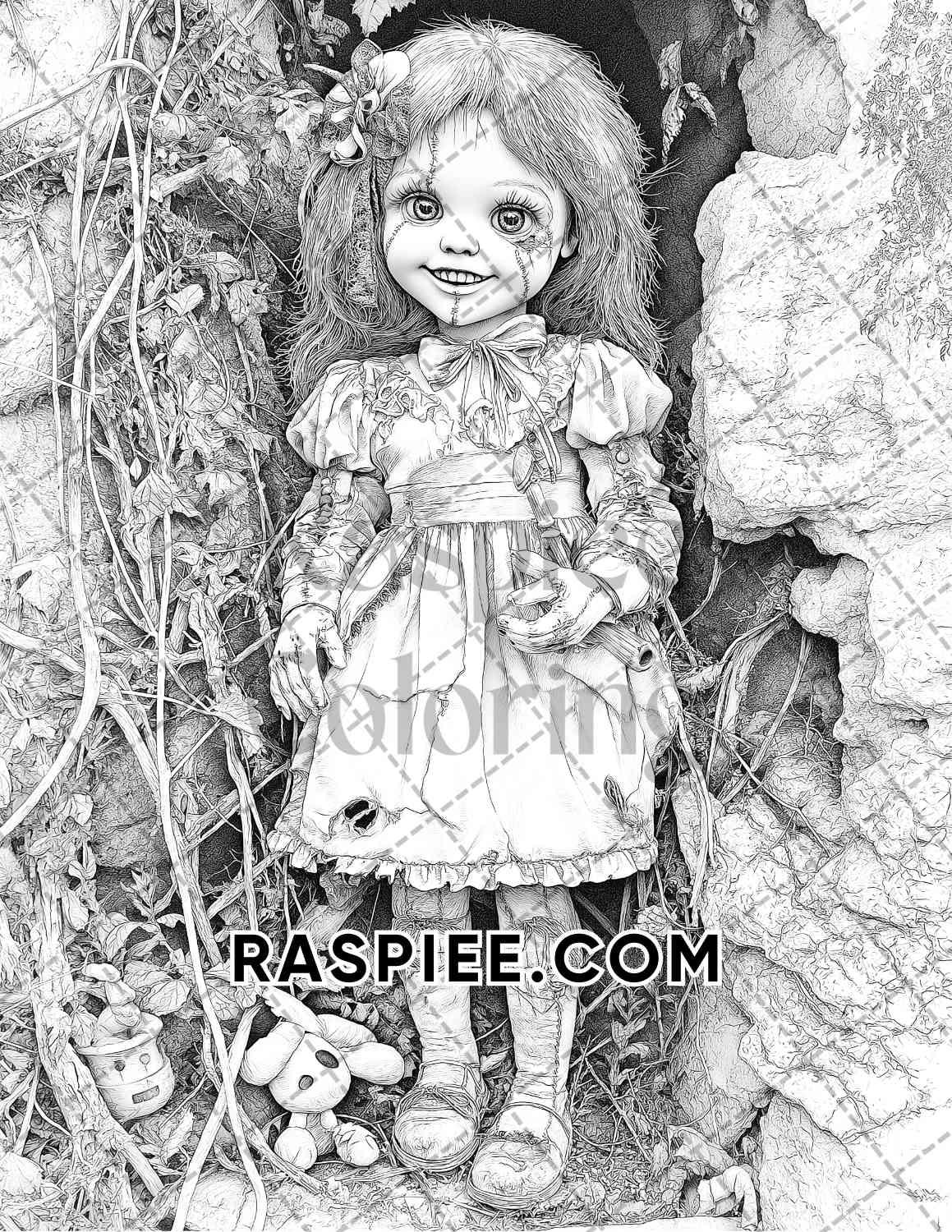 Haunted Dolls Halloween Horror Adult Coloring Pages Printable PDF Instant Download - RASPIEE