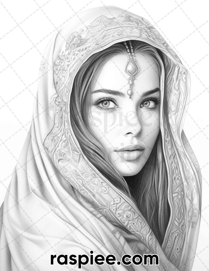 Arabian Woman Grayscale Coloring Page, Portrait Coloring Pages, Grayscale Portrait Coloring Adult, Mindfulness Arabian Coloring Activity, Relaxing Grayscale Coloring Adults, Portrait Coloring Book Printable