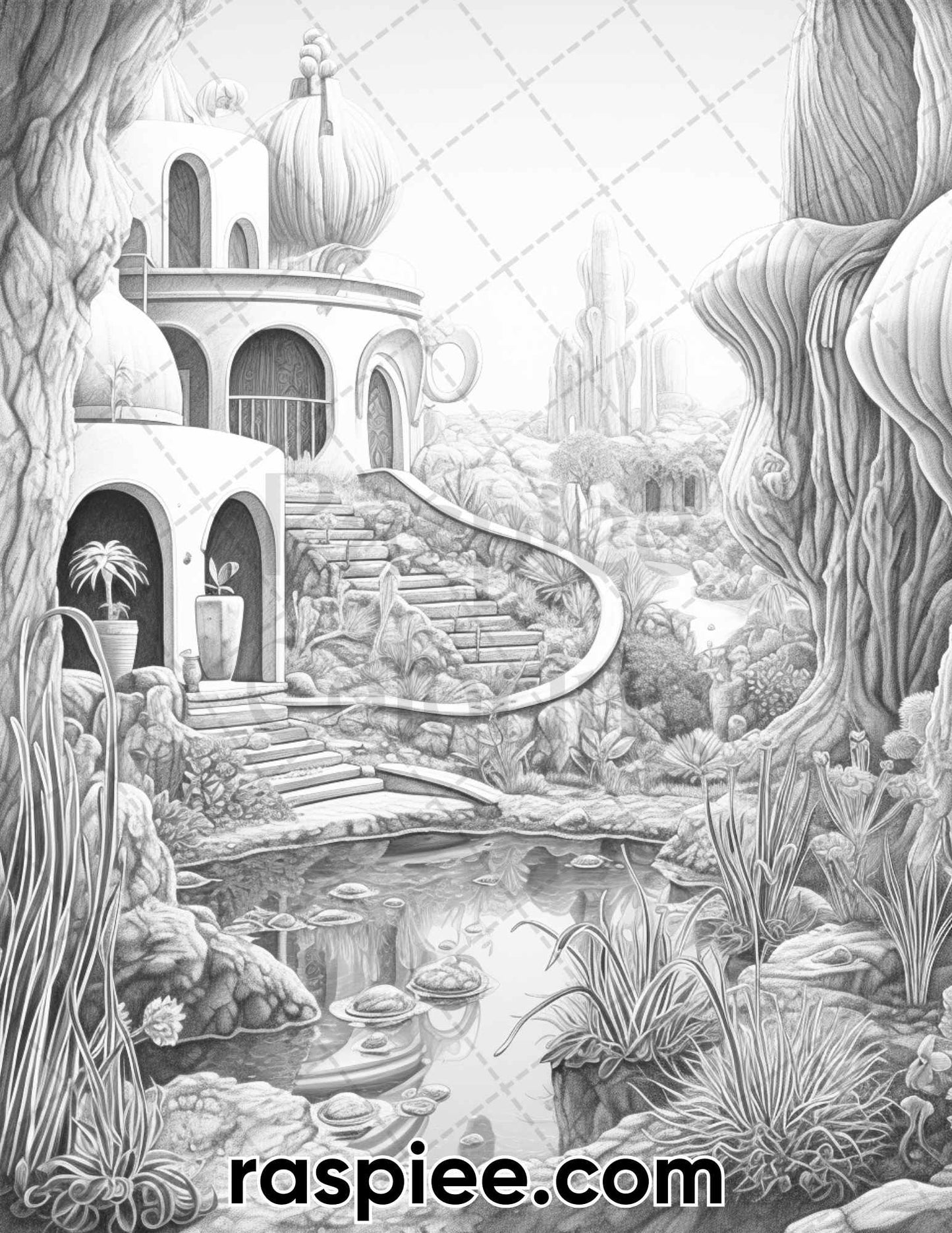 55 Desert Oasis Fairy Homes Grayscale Coloring Pages for Adults, Printable PDF Instant Download