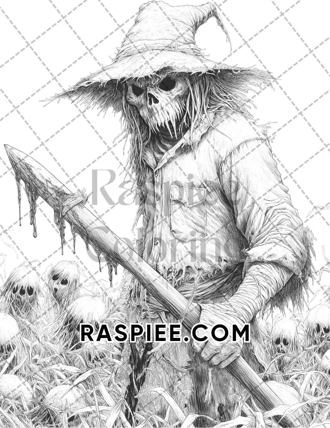 Horror Scarecrow Halloween Adult Coloring Pages Printable PDF Instant Download