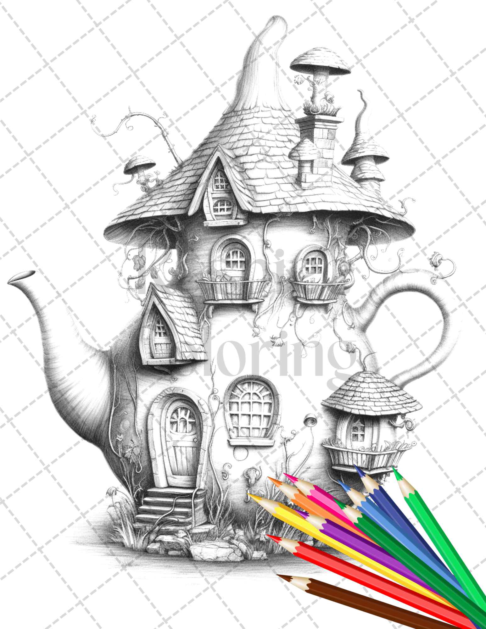 40 Teapot Fairy Houses Grayscale Coloring Pages Printable for Adults, PDF File Instant Download - raspiee