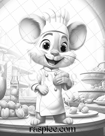 45 Mouse Chef Grayscale Coloring Pages Printable for Adults, PDF File Instant Download