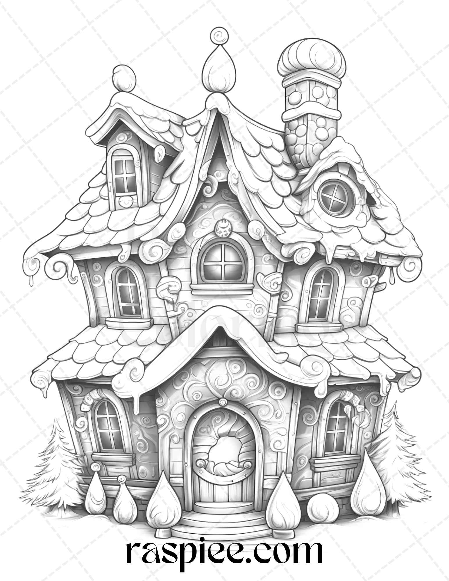 40 Christmas Gingerbread Houses Grayscale Coloring Pages Printable for Adults Kids, PDF File Instant Download - Raspiee Coloring
