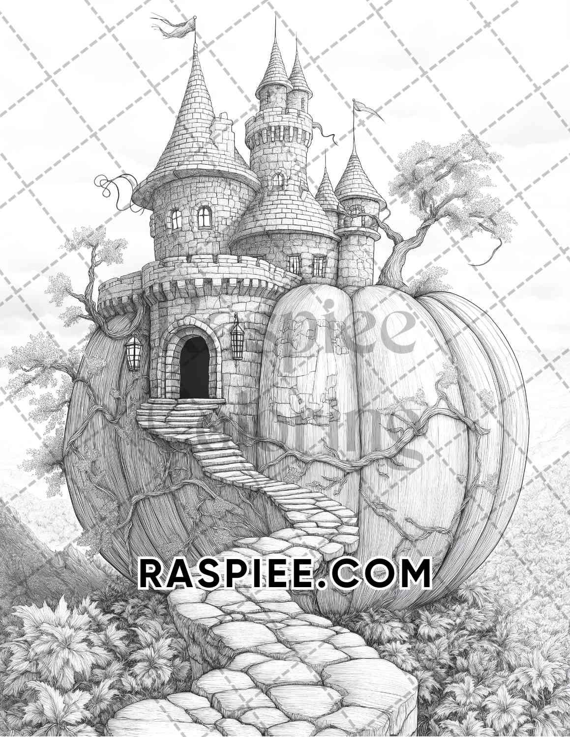 Fantasy Giant Pumpkin Castles Adult Coloring Pages Printable PDF Instant Download - RASPIEE