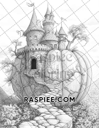 Fantasy Giant Pumpkin Castles Adult Coloring Pages Printable PDF Instant Download - RASPIEE