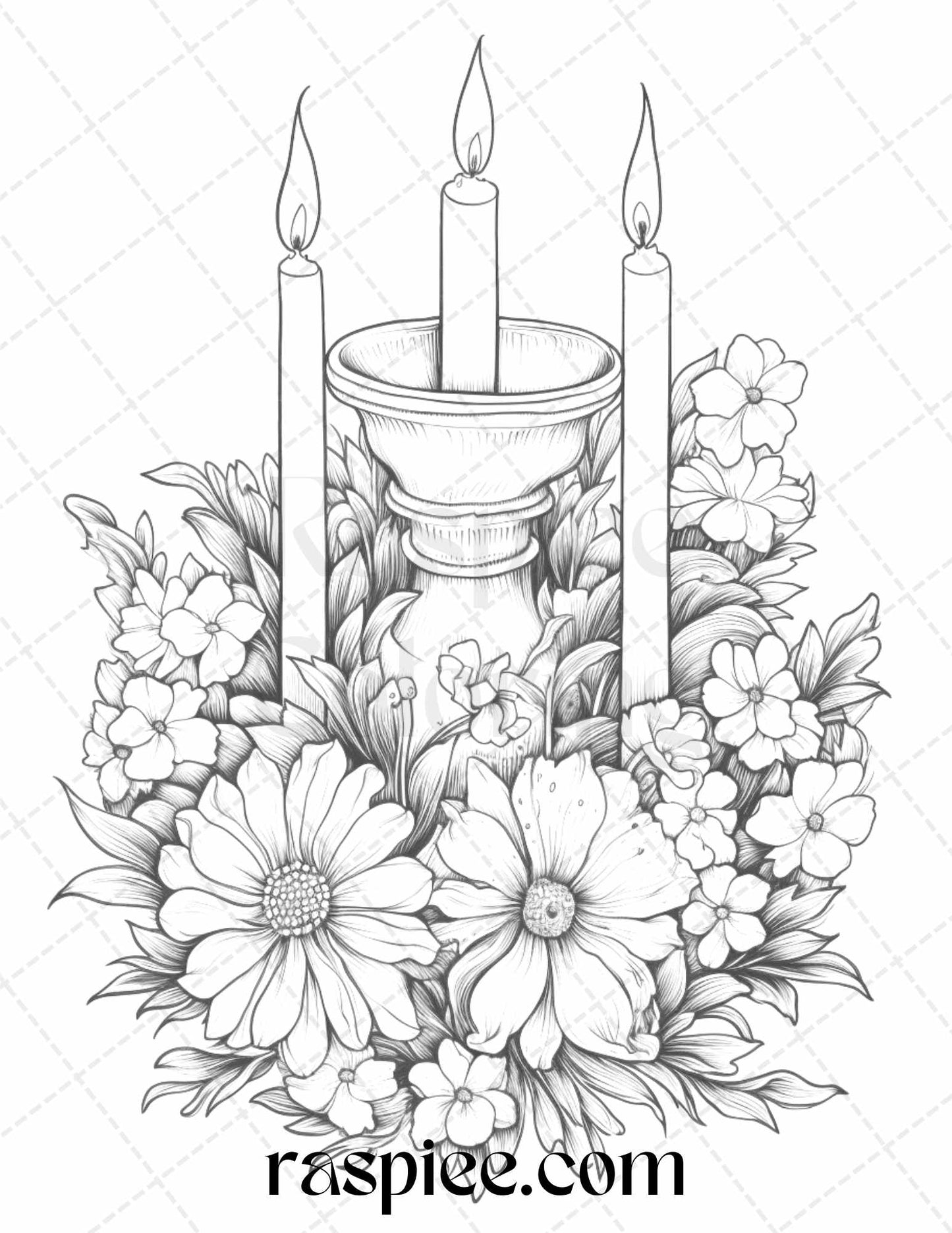 40 Flower Candles Grayscale Coloring Pages Printable for Adults, PDF File Instant Download - Raspiee Coloring