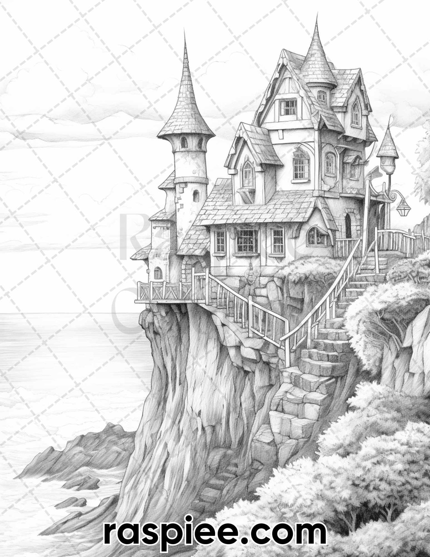 50 Fairy Beach Houses Grayscale Coloring Pages for Adults, Printable PDF Instant Download
