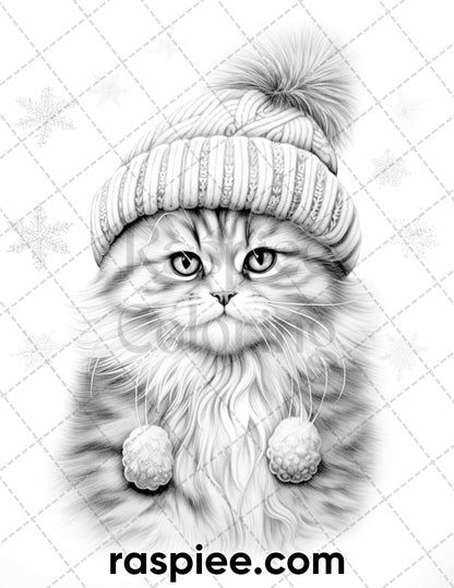 40 Christmas Cats Grayscale Coloring Pages for Adults, Printable PDF Instant Download