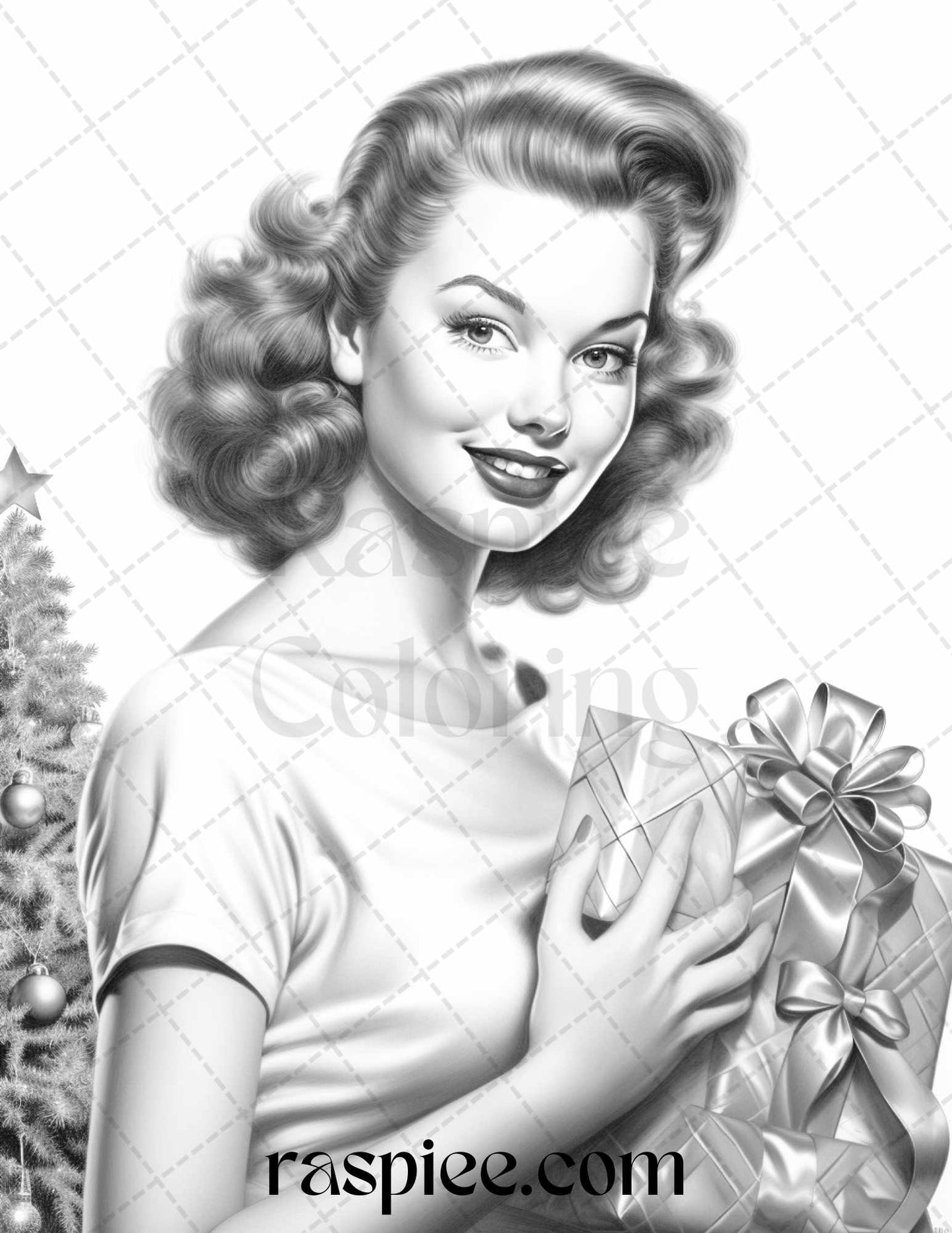 55 Vintage Christmas Pin Up Girls Grayscale Coloring Pages for Adults, Printable PDF File Instant Download