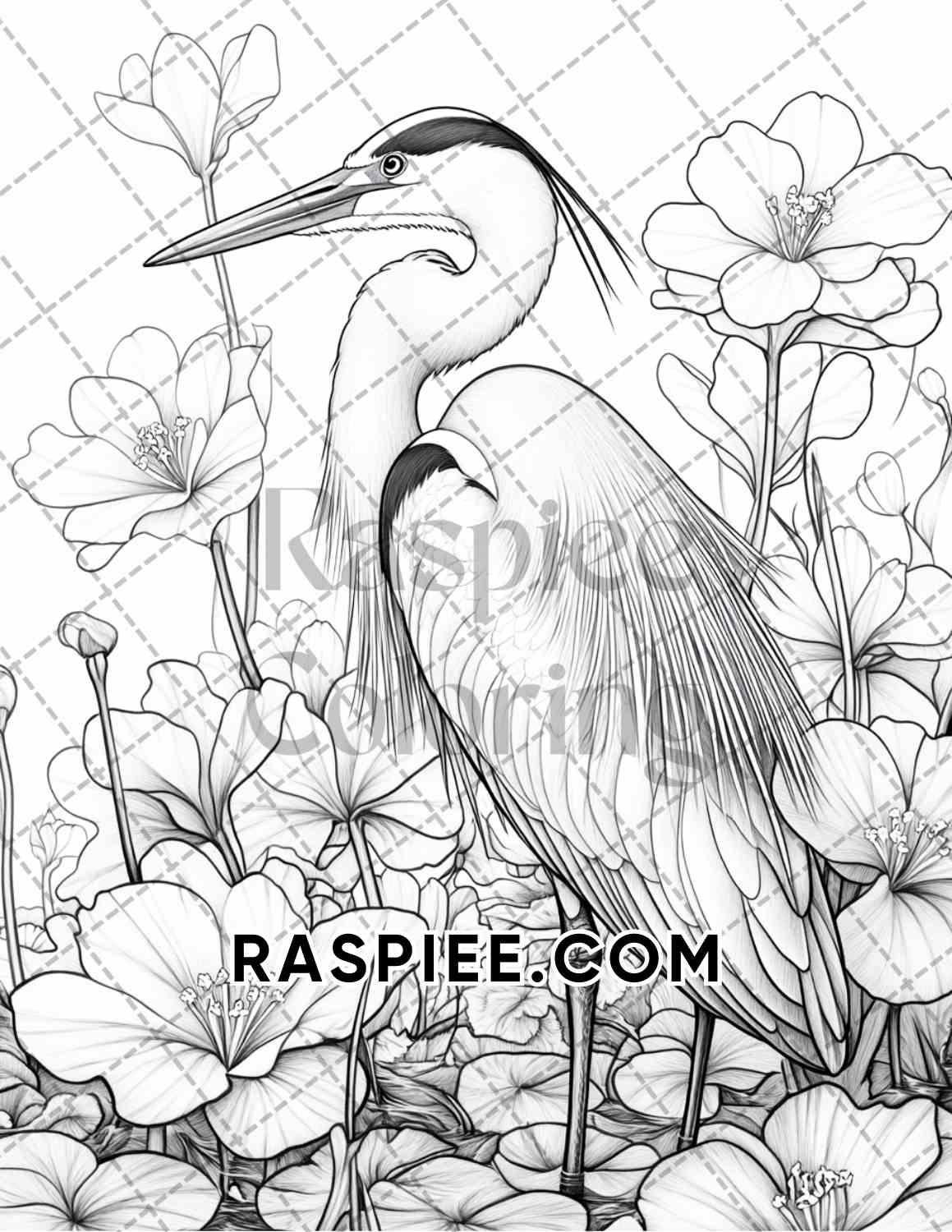 Flowers and Birds Adult Coloring Pages Printable PDF Instant Download - RASPIEE