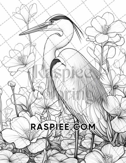 Flowers and Birds Adult Coloring Pages Printable PDF Instant Download - RASPIEE