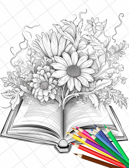 31 Book Flowers Coloring Pages Printable for Adults, Grayscale Coloring Page, PDF File Instant Download - raspiee