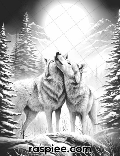 50 Winter Wolf Grayscale Coloring Pages for Adults, Printable PDF Instant Download