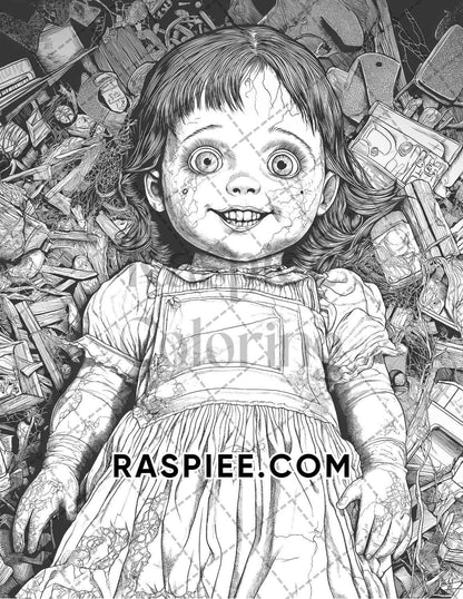 Haunted Dolls Halloween Horror Adult Coloring Pages Printable PDF Instant Download - RASPIEE