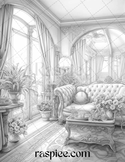 Fantasy Interior Grayscale Coloring Pages for Adults, Printable PDF File Instant Download