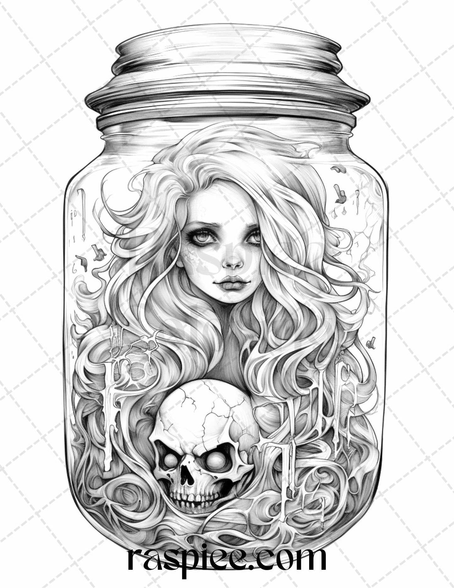 40 Halloween in Jar Grayscale Coloring Pages for Adults, Printable PDF File Instant Download