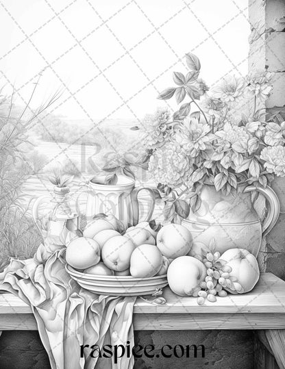 52 Still Life Grayscale Coloring Pages Printable for Adults, PDF File Instant Download - raspiee