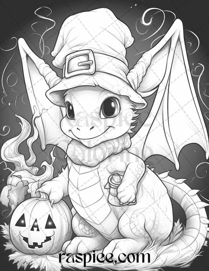 50 Cute Pumpkin Dragons Graycale Coloring Pages for Adults and Kids, Printable PDF File Instant Download
