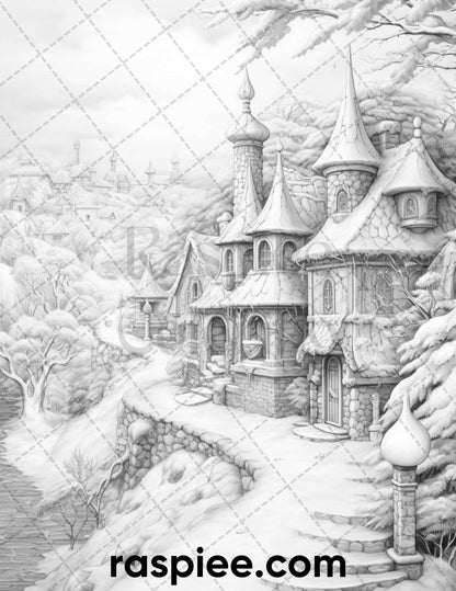 40 Fantasy Winter Village Grayscale Coloring Pages for Adults, PDF File Instant Download
