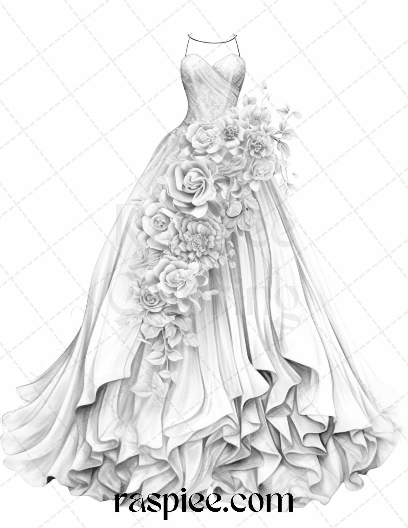 40 Elegant Floral Wedding Dresses Grayscale Coloring Pages Printable for Adults, PDF File Instant Download - Raspiee Coloring