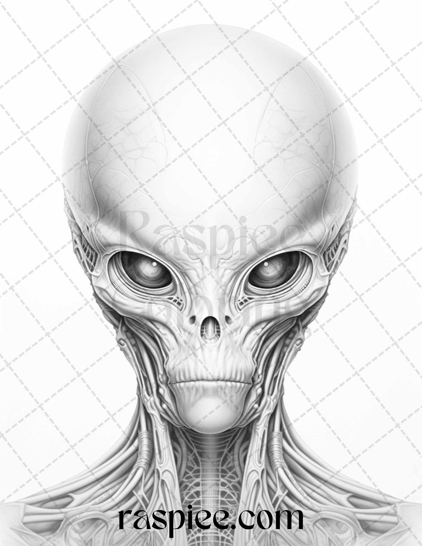 65 Alien Portrait Grayscale Coloring Pages for Adults, Printable PDF File Instant Download