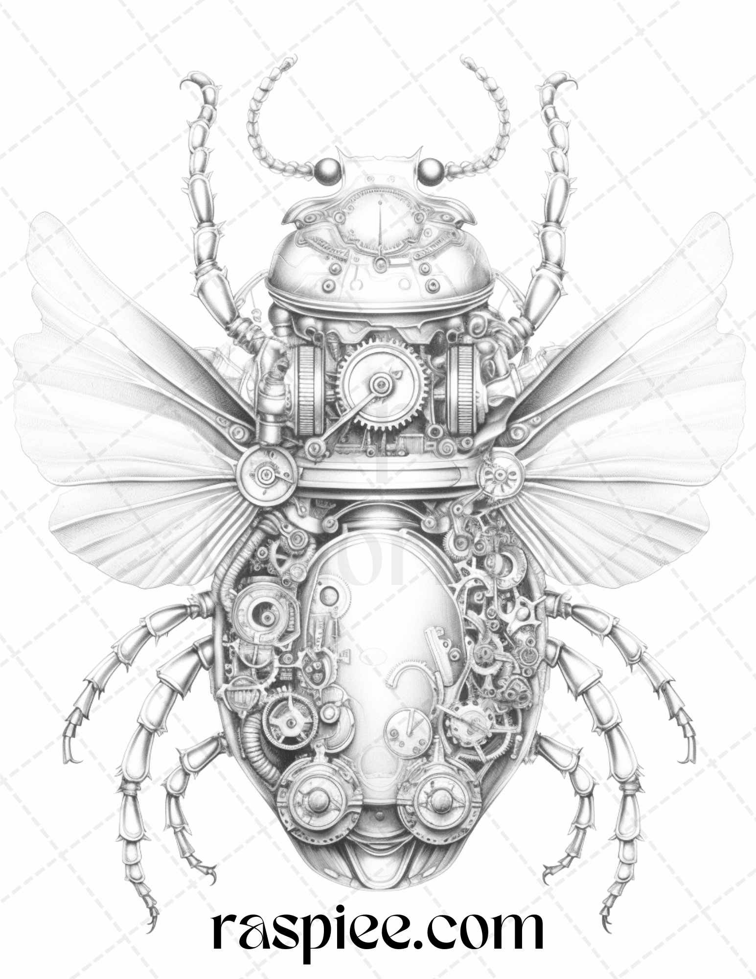 42 Steampunk Bugs Grayscale Coloring Pages Printable for Adults, PDF File Instant Download - Raspiee Coloring