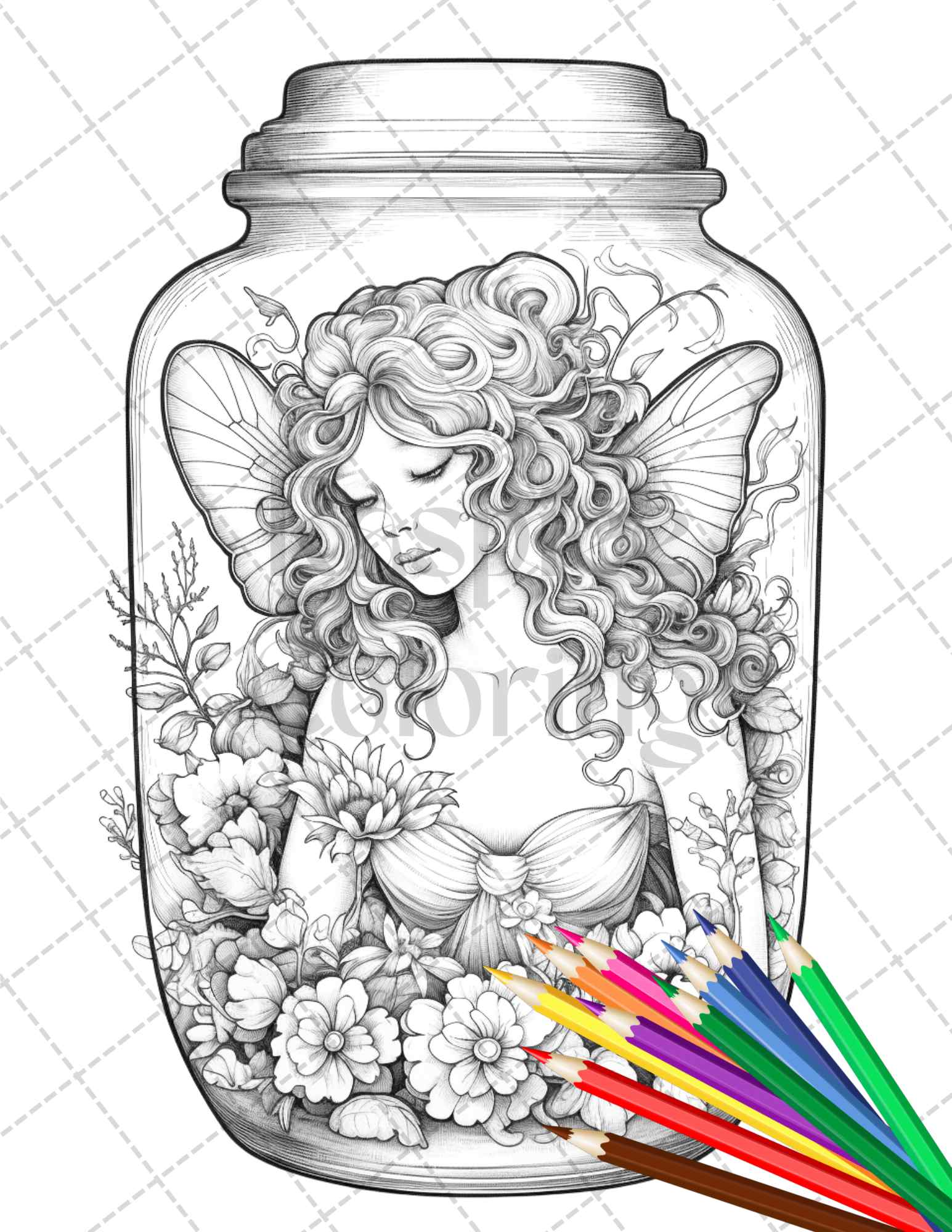 50 Printable Fairy Houses in Jar Coloring Pages for Adults, Grayscale
